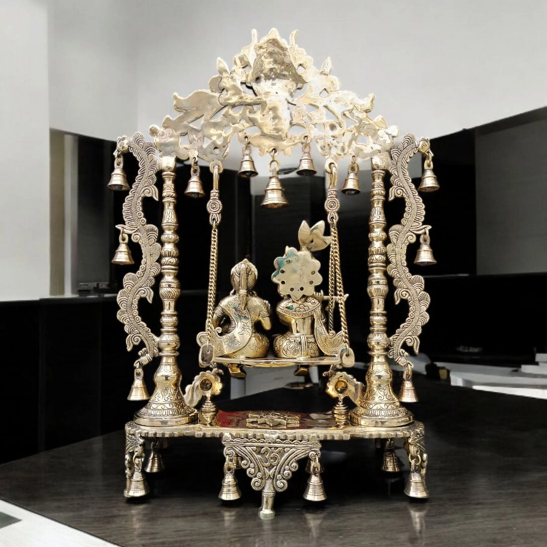 Brass Radha Krishna Swing on Jhula with Kirtimukha at Top with beautiful work,Ethnic Indian Decor, 29" inch Radha Krishna Brass Statue Jhula - Image 3