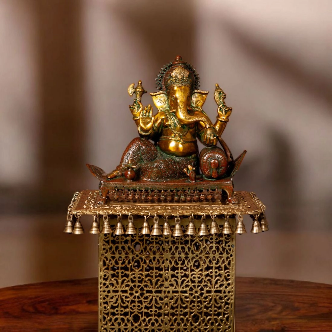 Brass Ganesha Idol At Ease Position Ganesha lying on bed giving blessing statue with modak in hand and vehicle mouse Big Ganpati Statue/Idol Height 19 inches