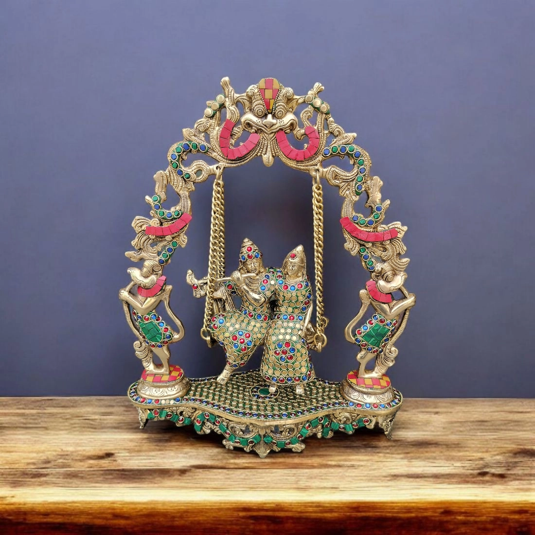 Brass Radha Krishna Swing on Jhula with Kirtimukha at Top with beautiful work,Ethnic Indian Decor Idol Height 18 Inches